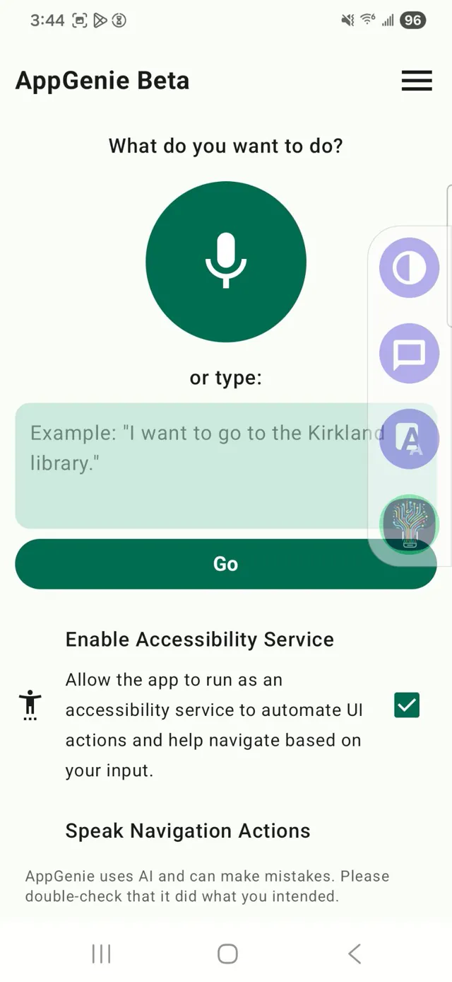 AppGenie’s home screen, with a large microphone button and a text box.