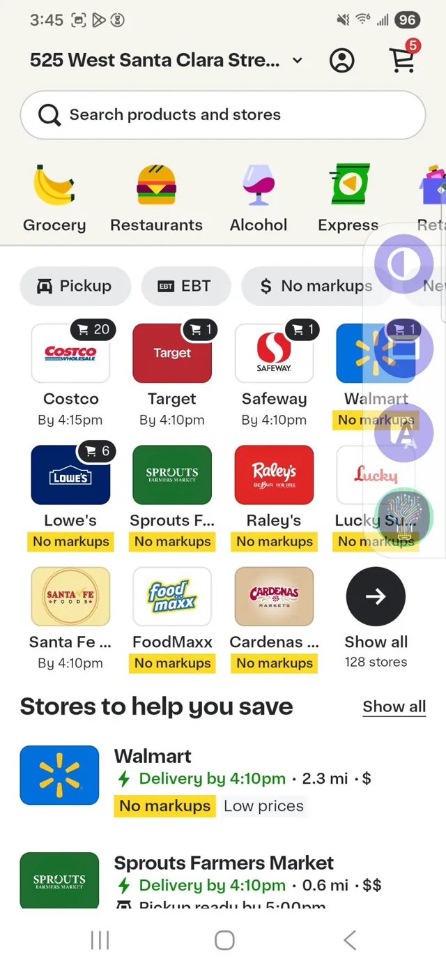 Instacart’s list of stores, with Safeway among those offering delivery.