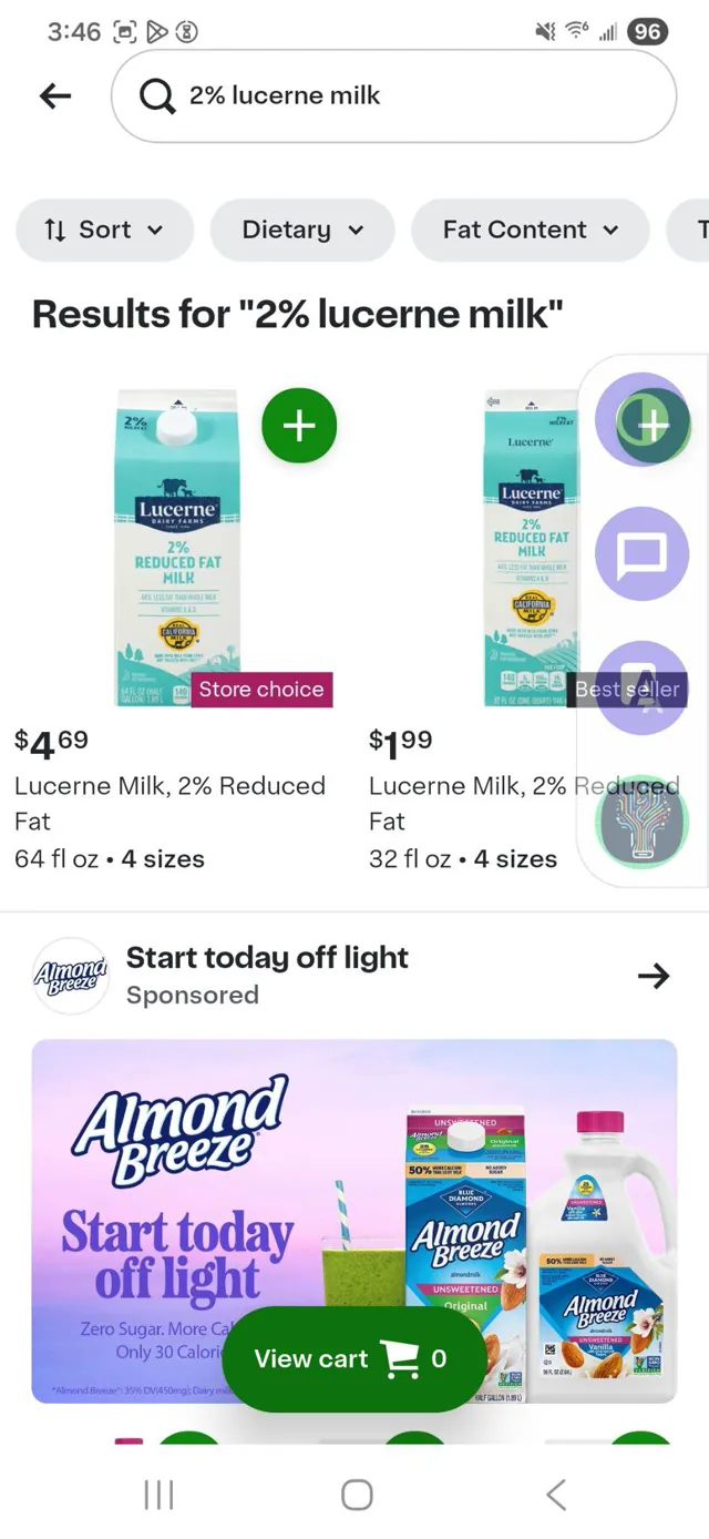 Search results for 2% Lucerne milk: a 64 fl oz carton for $4.69 and a 32 fl oz carton for $1.99.