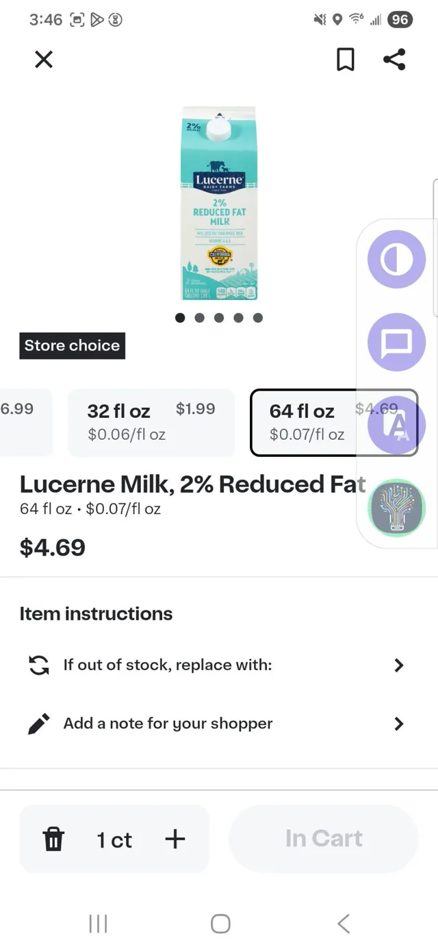 The Lucerne 2% milk product page with the 64 fl oz size selected and 1 in the cart.